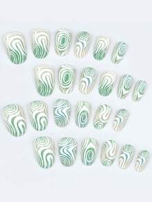 24pcs Short Oval Fake Nails, Green Dopamine Asymmetrical Line Pressed Nails, Full Coverage Removable Nail Set For Women, Suitable For Party, Ball And Daily Wear - View 4