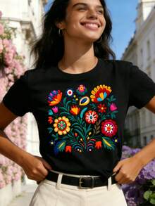 Camiseta suave 100% algodón, con estampado floral de estilo mexicano y letras, de manga corta y cuello redondo, ropa casual para mujer, camiseta de algodón transpirable, versátil y moderna. - Negro - Ver 4
