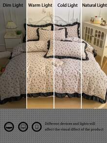 米白色少女风荷叶边柔软磨毛花卉图案被套三件套（1个被套+2个枕套，不含被芯和枕芯），床上用品套装，舒适柔软透气，用途广泛，四季皆宜，可机洗。 - 杏色 - 查看 11
