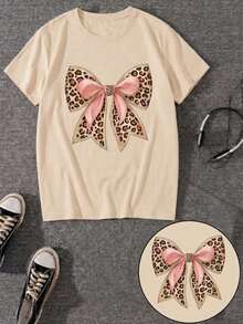 Nueva camiseta de manga corta con cuello redondo para mujeres, diseño primavera-verano, combina perfectamente un nudo de mariposa moderno y minimalista con estampados de letras en inglés, - Caqui - Ver 4