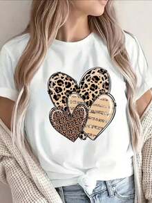 Women's Clothing: Pure Cotton Summer T-Shirt With Leopard Print And Heart Pattern, Short Sleeves, Suitable For Casual Wear At Home, Office, Or Cafe. Lightweight And Durable, Fashionable And Classic Color, A Perfect Everyday Shirt For Women. - 白色 - 查看 1