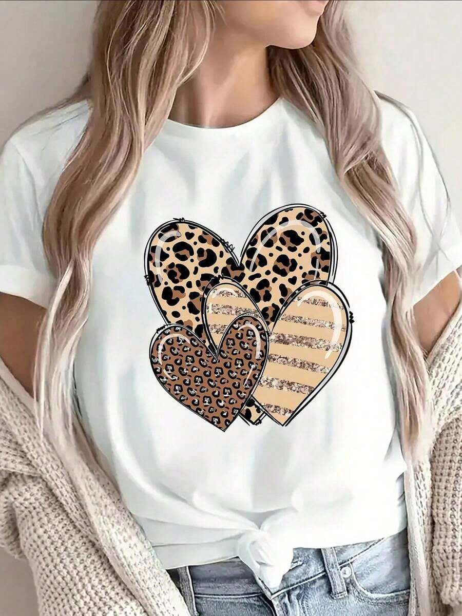Women's Clothing: Pure Cotton Summer T-Shirt With Leopard Print And Heart Pattern, Short Sleeves, Suitable For Casual Wear At Home, Office, Or Cafe. Lightweight And Durable, Fashionable And Classic Color, A Perfect Everyday Shirt For Women. - 白色 - 查看 1