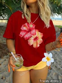 Round Neck Design, Women's Hawaiian Style T-Shirt With Tropical Floral Print, Summer Round Neck T-Shirt, Floral Print Top With Round Neck, Soft And Stretchy, Suitable For Spring, Summer And Autumn, Machine Washable, Available In Multiple Colors, Classic And Modern Round Neck, Breathable Fabric, Opaque Material, Loose And Versatile, Suitable For Urban Use, Multicolor Design, Suitable For All Seasons. - 白色 - 查看 7