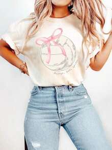 1 Piece ® Adorable Volleyball Mom T-Shirt, Pet Bow T-Shirt, Cute Bow T-Shirt For School Spirit, Bump Spike, Volleyball, 180g, 100% Cotton - 白色 4 - 查看 6