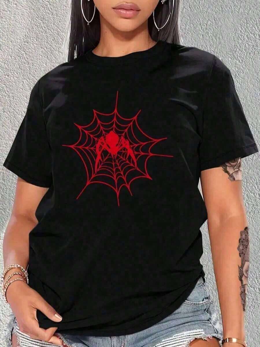 Women's Spider Print Camisole, A New Camisole With A Creative Spider Design, American And Hong Kong Style, Featuring A Fun Green Creature Dressed In Red Christmas Clothes And Hat, Surrounded By Festive Decorations. Printed On A Casual, Short-Sleeved, Crew-Neck Women's Camisole, Modern, Lettered, Loose Fit, Suitable For Couples. Suitable As A Gift. Women's T-Shirt. Blouses > Elegant. Boho Chic. Women's T-Shirt, Soft And Breathable: Perfect For Vacations, Travel, And Festive Occasions, And Suitable For Wearing In Multiple Seasons. - 11 - 查看 1