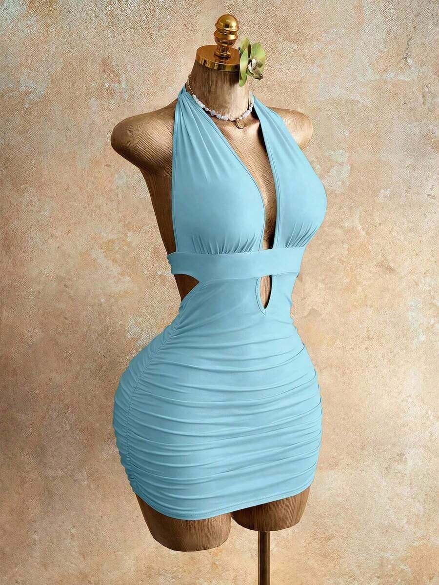 Vestido mini sexy de fiesta con cuello halter y lazo de unicolor para mujer - Azul - Ver 1