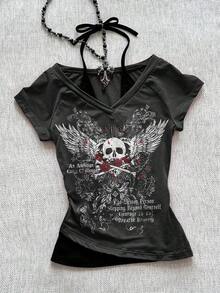 Camiseta de mujer casual de cuello en V retro, con atar, de manga corta y contraste de color, adecuada para el verano - Gris Oscuro 2 - Ver 1