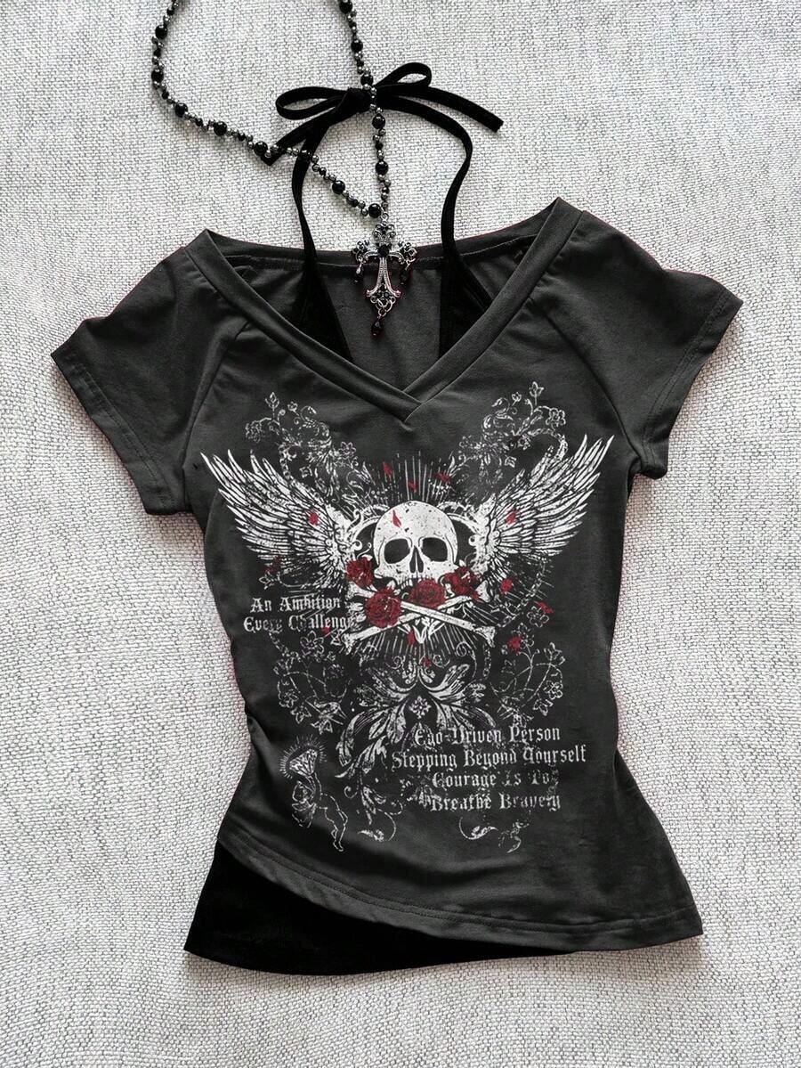 Camiseta de mujer casual de cuello en V retro, con atar, de manga corta y contraste de color, adecuada para el verano - Gris Oscuro 2 - Ver 1