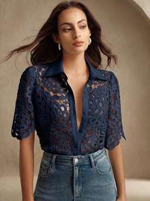Blusa elegante de mujer con estampado floral y encaje calado, adecuada para primavera/verano, vacaciones, días festivos, playa, festivales - Azul marino - Ver 3