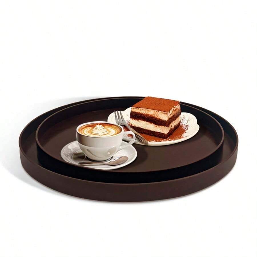 1/2pcs ABS Plastic Round Tray, Minimalist High-End, Multi-Purpose Storage, Suitable For Breakfast, Snacks, Desserts, Fruits, Coffee/Tea Sets, Cosmetics, Candles, Plants Display, Garden Party, Picnic, Christmas, Thanksgiving, Halloween, Home, Kitchen, Bathroom, Living Room, Dining Room, Office, Retail Store Decor - Dark Wood Color - View 1