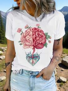 T-Shirt With Heart Print And Floral Design Of The Human Brain - [白色的] - 查看 6
