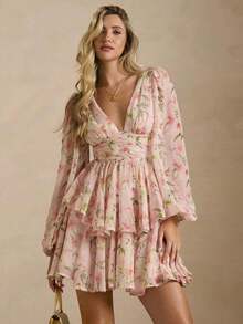 Vestido de vacaciones con cuello en V, manga larga y estampado floral para mujeres - Rosa Pálido - Ver 3