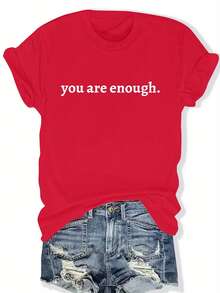 Women's Plus Size Graphic T-Shirt "You Are Enough" - Casual, Short Sleeve, Crew Neck, Light Brown, Loose Fit, Summer And Spring Top, Casual Wear | Loose Fit Top | Lightweight T-Shirt - 紅色 - 查看 1