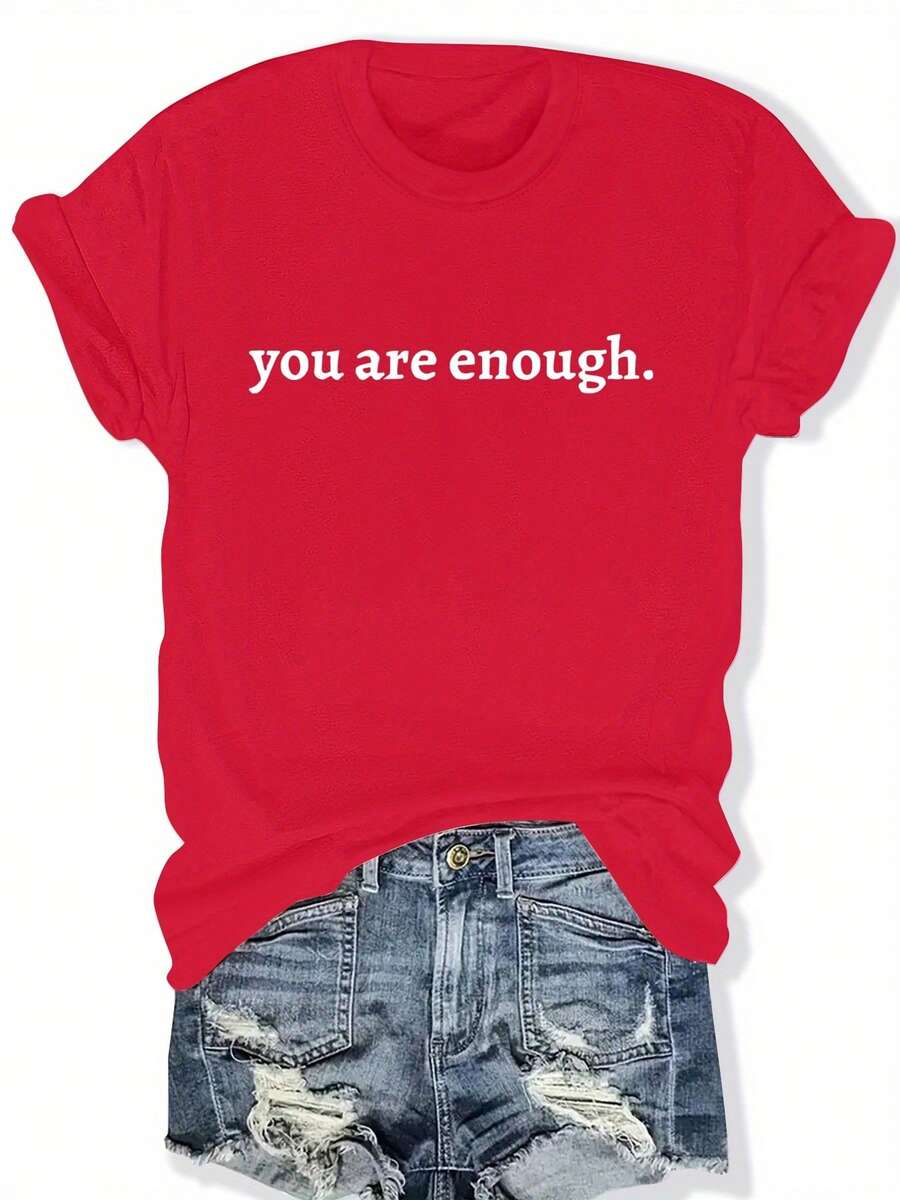 Women's Plus Size Graphic T-Shirt "You Are Enough" - Casual, Short Sleeve, Crew Neck, Light Brown, Loose Fit, Summer And Spring Top, Casual Wear | Loose Fit Top | Lightweight T-Shirt - 紅色 - 查看 1