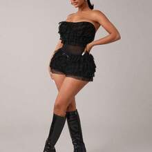 Plus Size Women's Fashion Sexy Street Teen Girls Polka Dot Lace Ruffle Trim Low Waist Mini Shorts, Ballet Style, Suitable For Everyday Wear, Western Wear, Cruise Attire, Music Festival, Concert, Carnival Party, Beach Vacation, Date Night, Birthday, Bachelorette Party, Club, Cute, Casual, Shopping, Streetwear, Going Out, Easy To Match & Looks Slim, Accent Your Body, Flatter The Figure Mini Short Micro Short - Negro - Ver 6