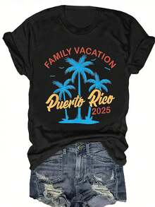 Women's Plus Size Graphic T-Shirt With Puerto Rico Design - Casual Short Sleeve Crew Neck Top With Palm Tree Design, Bright Pink, Perfect For Spring And Summer, Casual Spring Wear | Family Vacation Design | Vibrant Print T-Shirt, Puerto Rico T-Shirt - Hitam - View 6