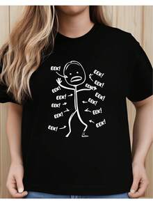 Camiseta Divertida con Diseño de Hombre de Palos para Mujer, Ropa Casual para Uso Diario, Diseño Humorístico para Fiestas y Celebraciones. Blusas bonitas para mujer. Camiseta de mujer, diseño casual y holgado, corte ligeramente extendido. - Negro - Ver 1