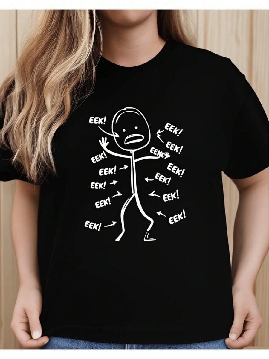 Camiseta Divertida con Diseño de Hombre de Palos para Mujer, Ropa Casual para Uso Diario, Diseño Humorístico para Fiestas y Celebraciones. Blusas bonitas para mujer. Camiseta de mujer, diseño casual y holgado, corte ligeramente extendido. - Negro - Ver 1
