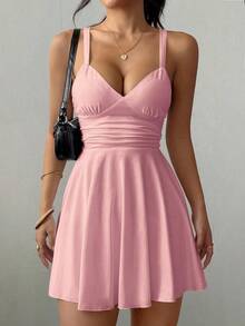 Vestido corto de punto sexy y elegante con escote en V, cintura fruncida y tirantes finos para mujer - Rosa - Ver 5