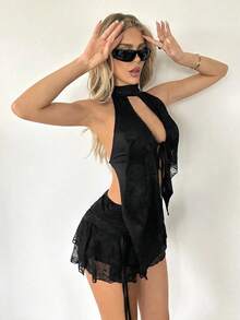 ICON Conjunto sexy de Top corta con anudar al frente y falda mini con abertura alta, de un solo color, para mujer - Negro - Ver 4