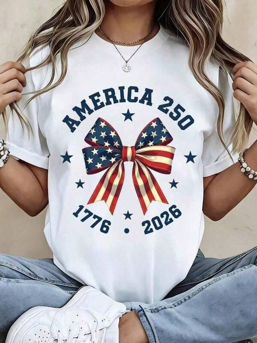 Camiseta Patriótica con Bandera de Arco "America 250 1776 2026" para Mujer, Blanca, Casual, para Celebrar el Bicentenario de EE.UU., Regalo de Cumpleaños, Camiseta Casual de Manga Corta con Cuello Redondo y Estampado para Mujer |     Pascua y Día de San Patricio, Verano, Camiseta de Verano para Mujer con Estampado Casual, Cuello Redondo y Manga Corta |     Pascua y Día de San Patricio, Día de la Independencia - Blanco - Ver 1