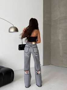 SQUALO Women's Blue Washed, Ripped, And Distressed Effect Jeans Street Style - Light Grey - View 4