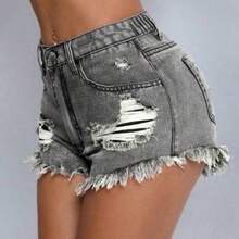 ICON Plus Size Fashion Casual Summer Versatile Distressed Denim Shorts - Gris Claro - Ver 1