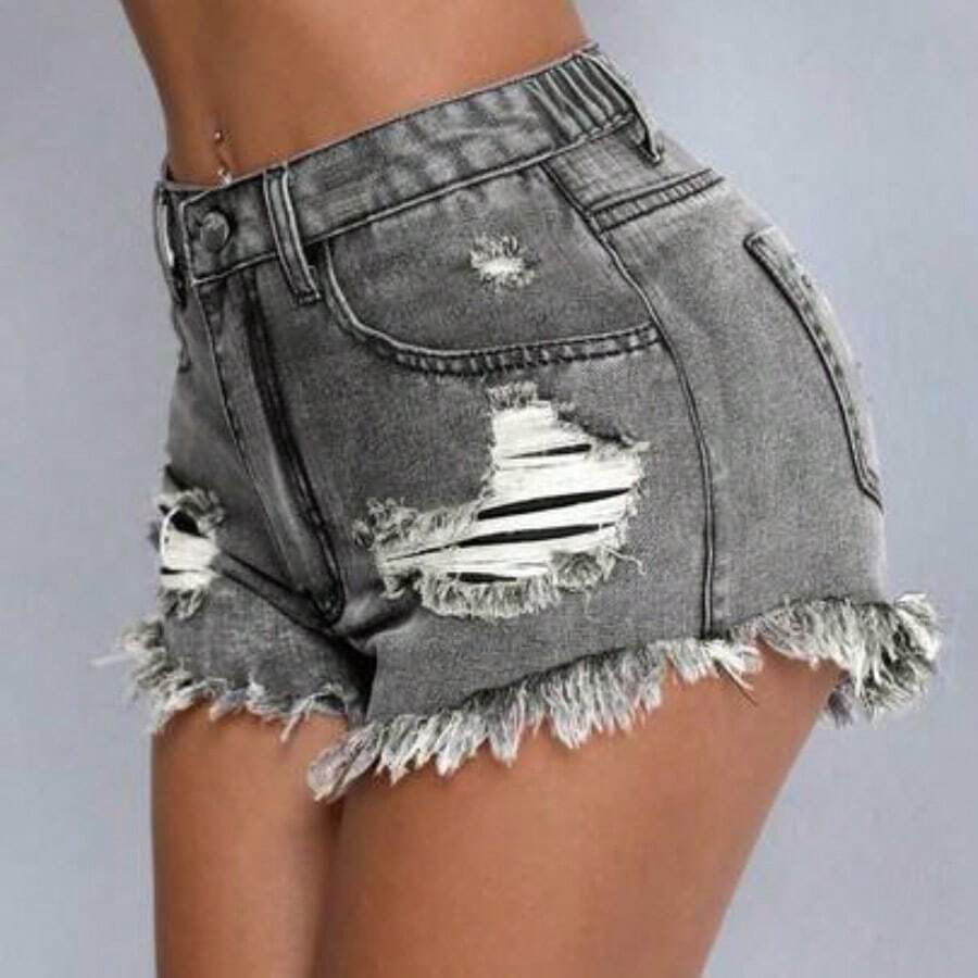ICON Plus Size Fashion Casual Summer Versatile Distressed Denim Shorts - Gris Claro - Ver 1