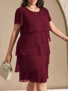 Reflora Vestido de moda con cuello redondo, mangas con volantes y estampado floral para mujer de talla grande - Burdeos - Ver 4