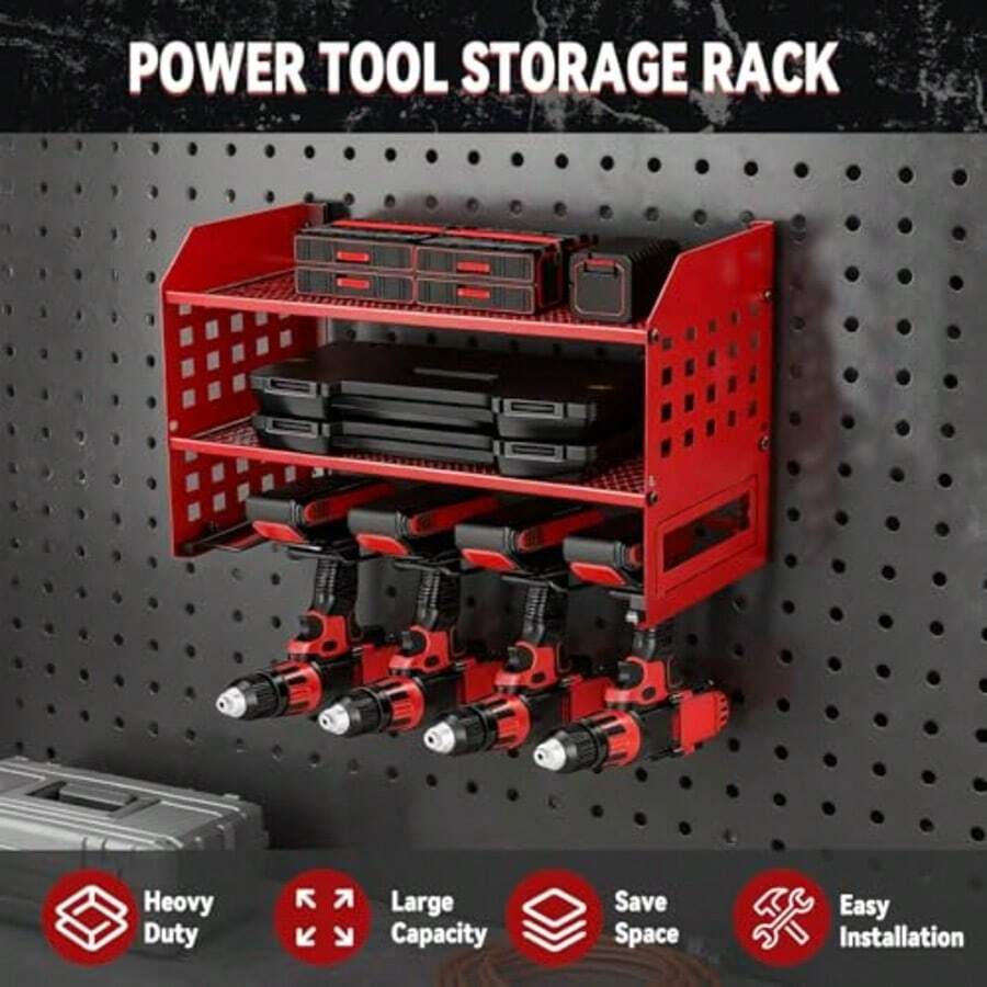 Tool Storage, Tool Rack For 4 Drill Holders, Heavy Duty Wall Mounted Rack For Garage, Home, Workshop - Red - View 1