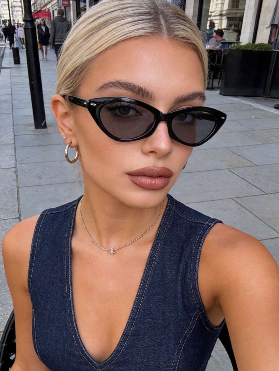1 pièce Lunettes à monture fine style œil de chat, lunettes polyvalentes décontractées pour femmes, convenant pour le port quotidien, le style de rue, les vacances, les voyages, la plage d'été, les activités extérieures, accessoires de voyage et de plage - Cadre noir film noir gris - Voir 1