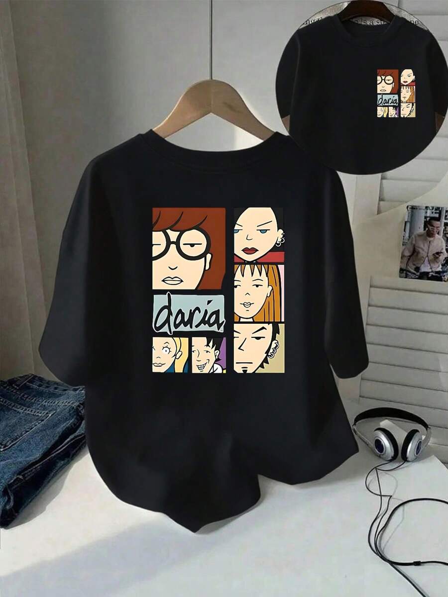 Daria, Camiseta con Estampado Estilo Cartoon, Manga Corta, Cuello Redondo, Top Casual para Primavera Verano, Ropa de Mujer Y2k - Negro - Ver 1
