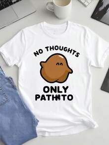 Camiseta blanca sobredimension de las mujeres con 'No pensamientos solo camino a' & Pato Impresión - Tejido elástico suave, H-Line Fit, camiseta de cuello redondo de manga corta, diseño divertido inspirado en el manga, regalo lavable en la máquinara los fans del anime - Blanco - Ver 2