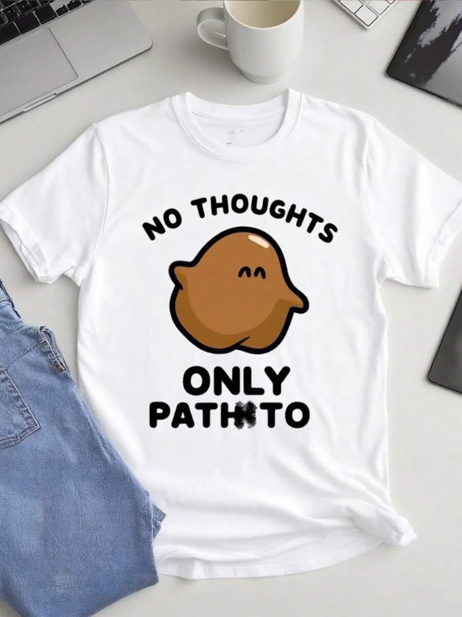 Camiseta blanca sobredimension de las mujeres con 'No pensamientos solo camino a' & Pato Impresión - Tejido elástico suave, H-Line Fit, camiseta de cuello redondo de manga corta, diseño divertido inspirado en el manga, regalo lavable en la máquinara los fans del anime