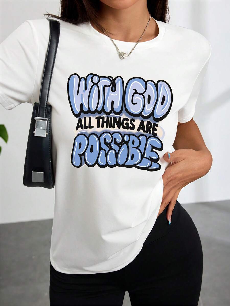 Women's White T-Shirt With A Graphic Design That Reads 'With God, All Things Are Possible'. It's A Comfortable And Casual Option For Everyday Wear And Outings. - White - View 1