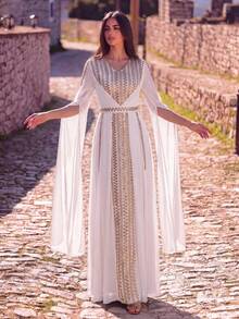 Faeriesty Áo Abaya Ả Rập thanh lịch cổ chữ V sâu, đính cườm và tay áo xẻ tà, thích hợp cho các buổi dạ hội, đám cưới, lễ hội, tiệc chiêu đãi và các dịp đặc biệt. Màu trắng. - trắng - Xem 3
