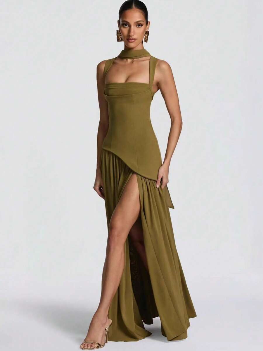Elegant Women's Strapless Dress With Scarf, Unique Design, High Slit, Pleated, Fitted Waist, And Full Skirt - 綠色 - 查看 1