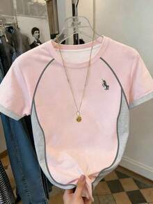 Camiseta casual de mujer con cuello redondo y estampado de unicornio en contraste de color - Multicolor 3 - Ver 7