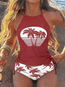 Conjunto de top de tankini con cuello halter y Bottom con estampado de palmeras, cordón y fruncido, para vacaciones y playa - Multicolor 2 - Ver 4