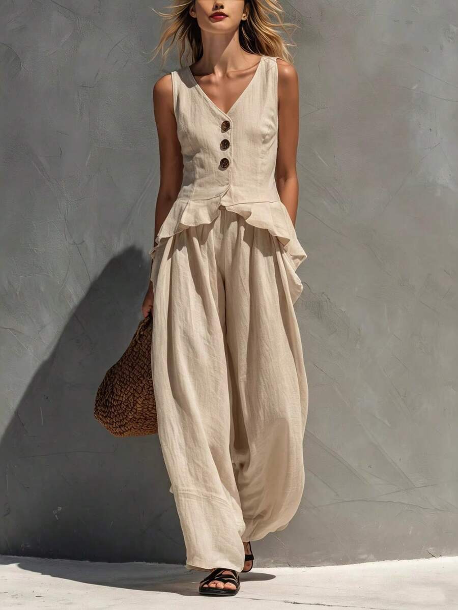 New Linen Set For Spring-Summer, Casual And Office Style, Button-Front Vest With V-Neck, Flattering Design, Perfect For Daytime Looks And Seasonal Transitions - Khaki - View 1