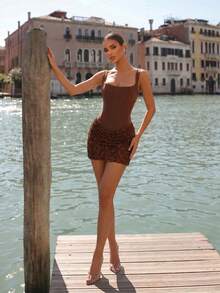New Luxury Women's Spaghetti Strap Bodycon Sleeveless Mini Dress, Fashion Exquisite Patchwork Herringbone Design, Fitted Bustier Cocktail Party Formal Evening Short Gown - Coffee Brown - View 6