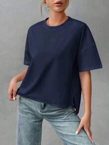 Camiseta holgada de estilo minimalista casual para mujer, con parte delantera corta y parte trasera larga, versátil para usar en la calle, adecuada para primavera y verano - Azul marino - Ver 7