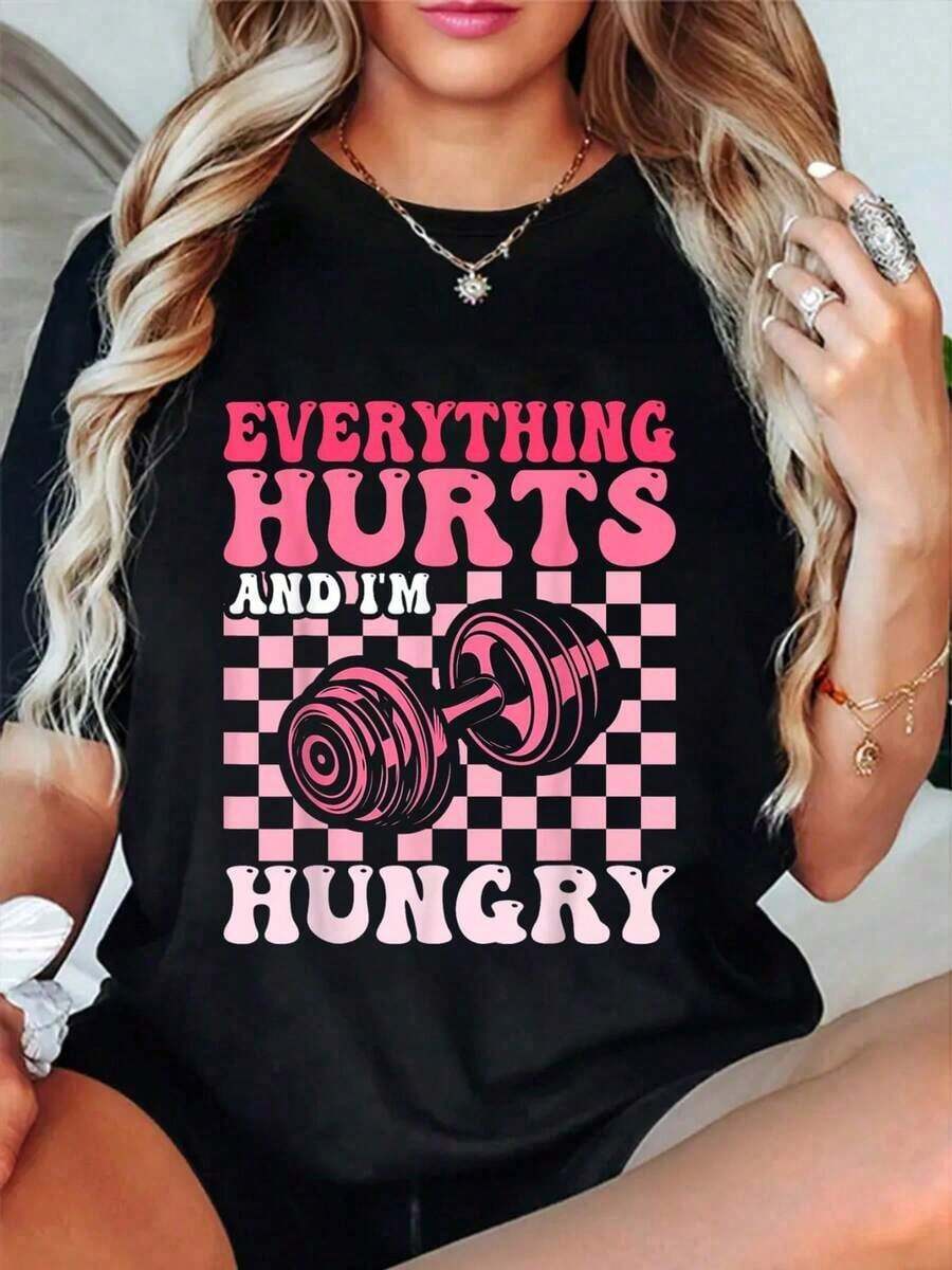 100% Algodón Todo Duele Y Tengo Hambre Camiseta Divertida para Gimnasio y Entrenamiento - Estilo Urbano Vintage Unisex, Camiseta de Manga Corta de Algodón Puro con Cuello Redondo - Negro - Ver 1