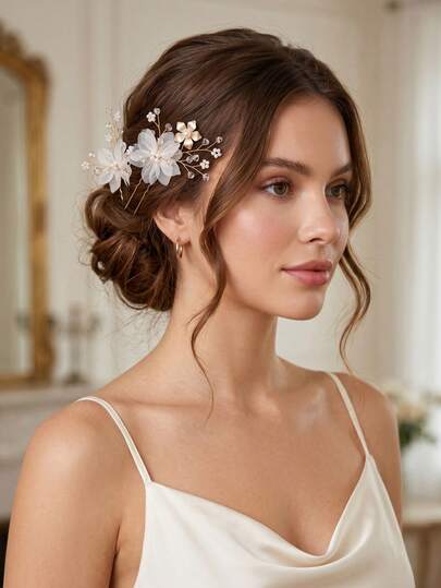 2pcs/Set Handmade French Elegant Cloisonne Floral Hair Clips, Bridesmaid & Bride Wedding Updo Headpiece, Sweet Lace Pearl Crystal U-Shaped Hair Pins