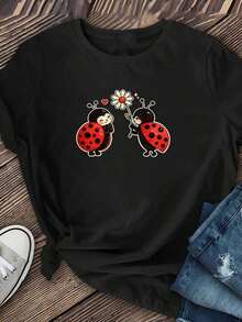 Fashionable Seven-Spot Ladybug Floral Print T-Shirt, Women's Round Neck Top, Casual Everyday Shirt, Adorable Insect Design, Suitable For Spring And Summer, Can Be Worn In All Seasons. DDQD-Unisex Vintage Urban Style Cotton T-Shirt, Short Sleeve, Round Neck, Loose Fit, Women's T-Shirts - 黑色 - 查看 2