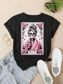 Women's Casual Short Sleeve T-Shirt - Skull Design In Pink Tunic Holding A Coffee Cup With Roses And Stars, Round Neck, Summer Top, Machine Washable, Ladies' T-Shirts, Casual Wear, Modern Style, Comfortable Fit

-White - 黑色 - 查看 2