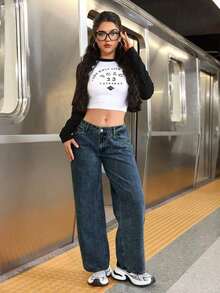 PETITE Pantalones vaqueros casuales de pierna ancha y bolsillos sueltos para mujer - Azul 3 - Ver 6