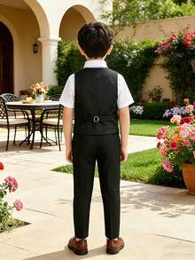 新款男童西裝套裝，花童婚禮服飾，表演服裝，英式風格男童表演西裝三件套，含背心、長褲與領帶 - 黑色 - 查看 10