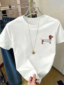 Vintage, dam-T-shirt med hjärtformad halsringning, kortärmad och tryckt, söt T-shirt i plusstorlek lämplig för vår, sommar, höst, med tax-mönster, avslappnad vit bomulls-T-shirt, dam-T-shirt. - Vitt - Visa 8