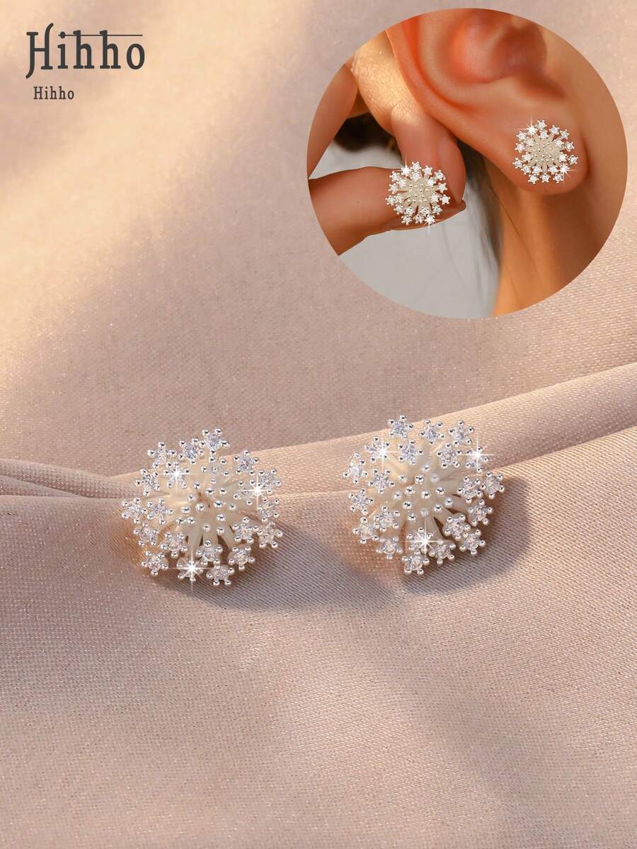 Hihho 1 Pair Snowflake Zirconia Stud Earrings, Sparkling Firework Design Earrings, French Elegant Style Versatile For Daily, Work, And Dates - Dandelion - View 1